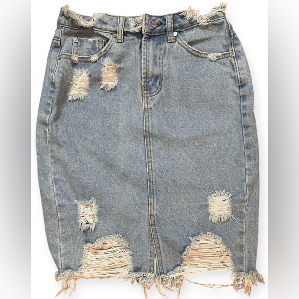 Missguided Distressed Denim Midi Skirt